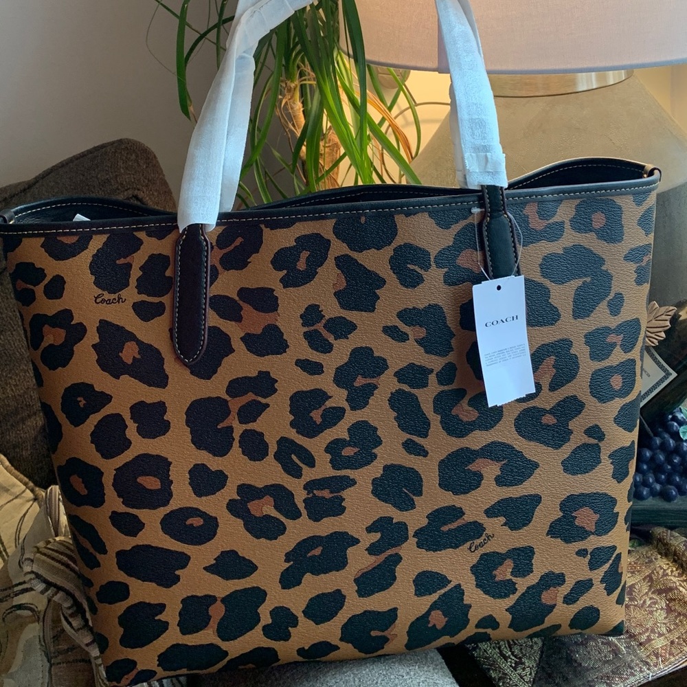 Coach Leopard Print Leather Tote Bag - Brown/Black - Picture 9 of 14